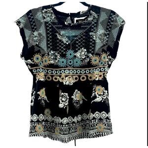 Johnny Was Embroidered Perlette Tie-Back Silk Blouse Short Sleeve Size S NWT
